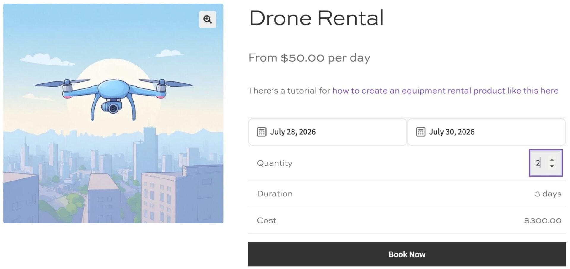 WooCommerce equipment rental - drone hire product page