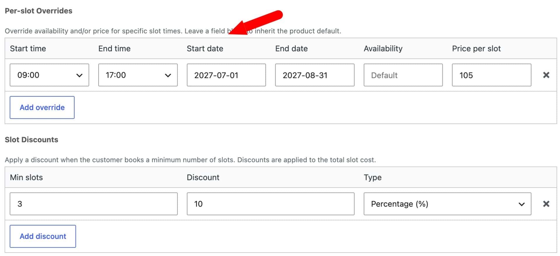 Overrides for seasonal slot pricing