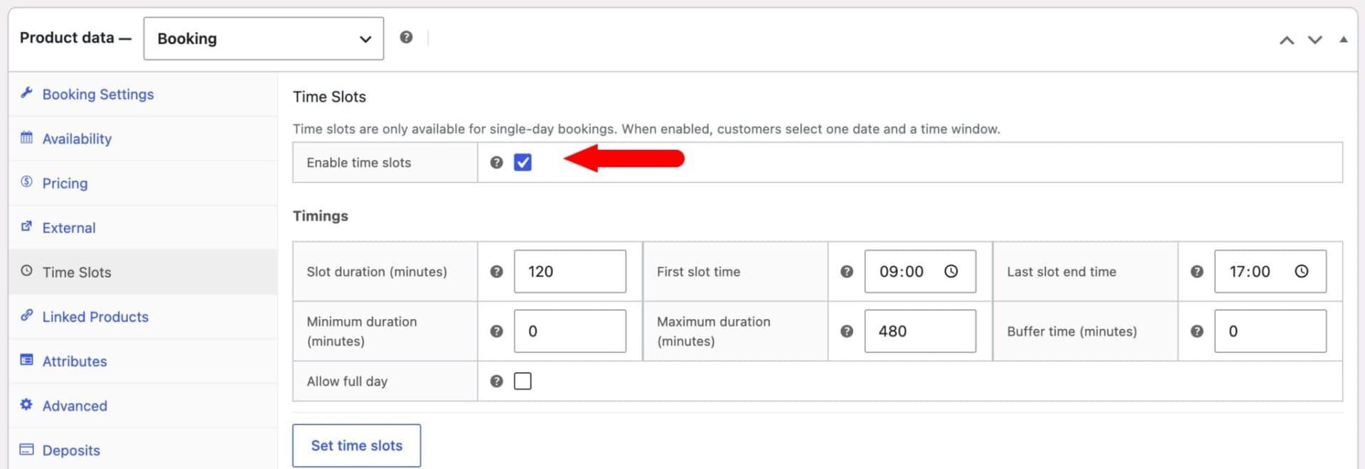 Enable time slots for equipment rental bookings