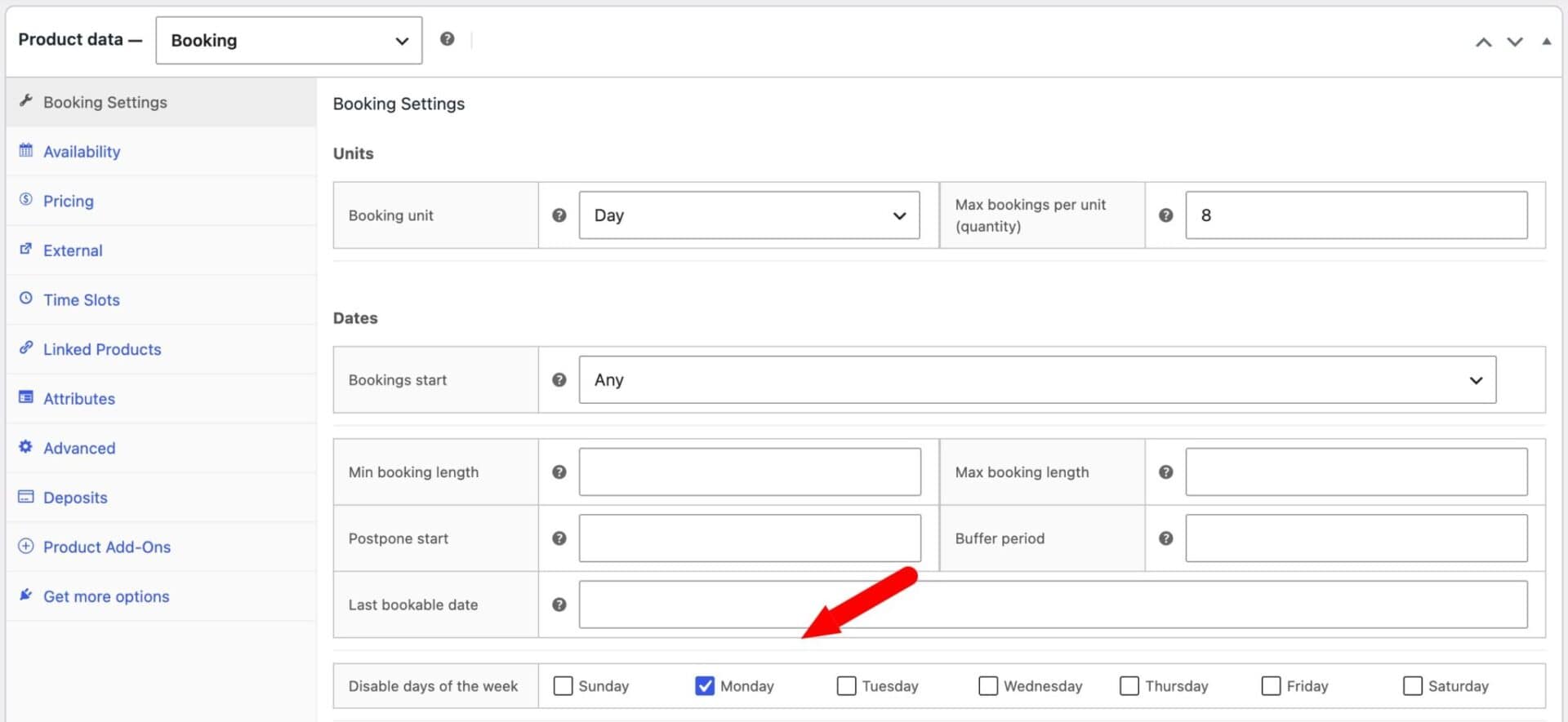 Disable certain days of the week to prevent booking