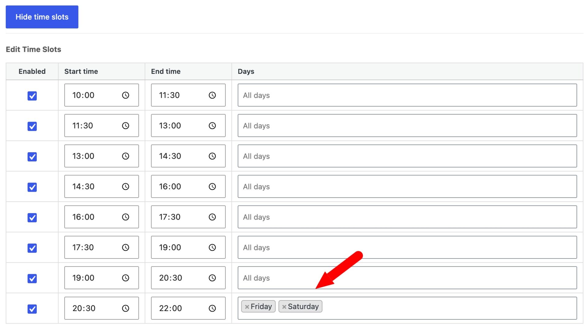 Set day-specific times and prices