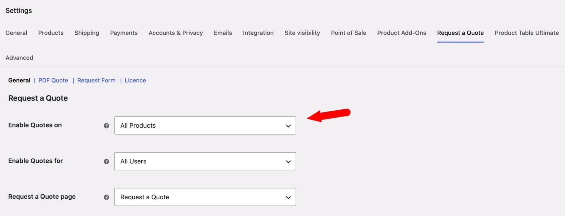 Setting to select which products are quotable