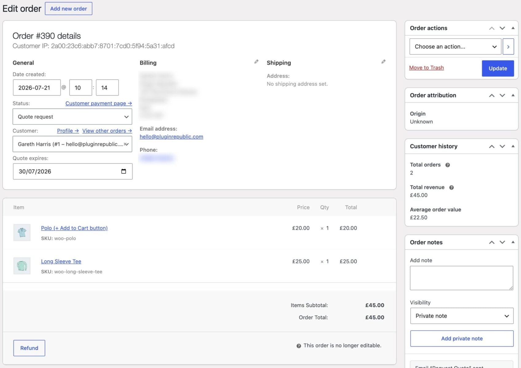 WooCommerce quote request