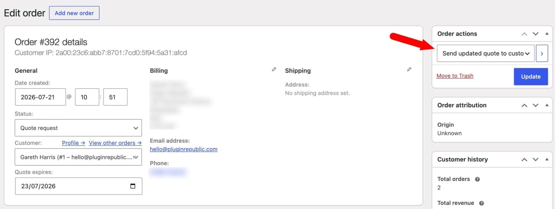 Update quote request and send to customer