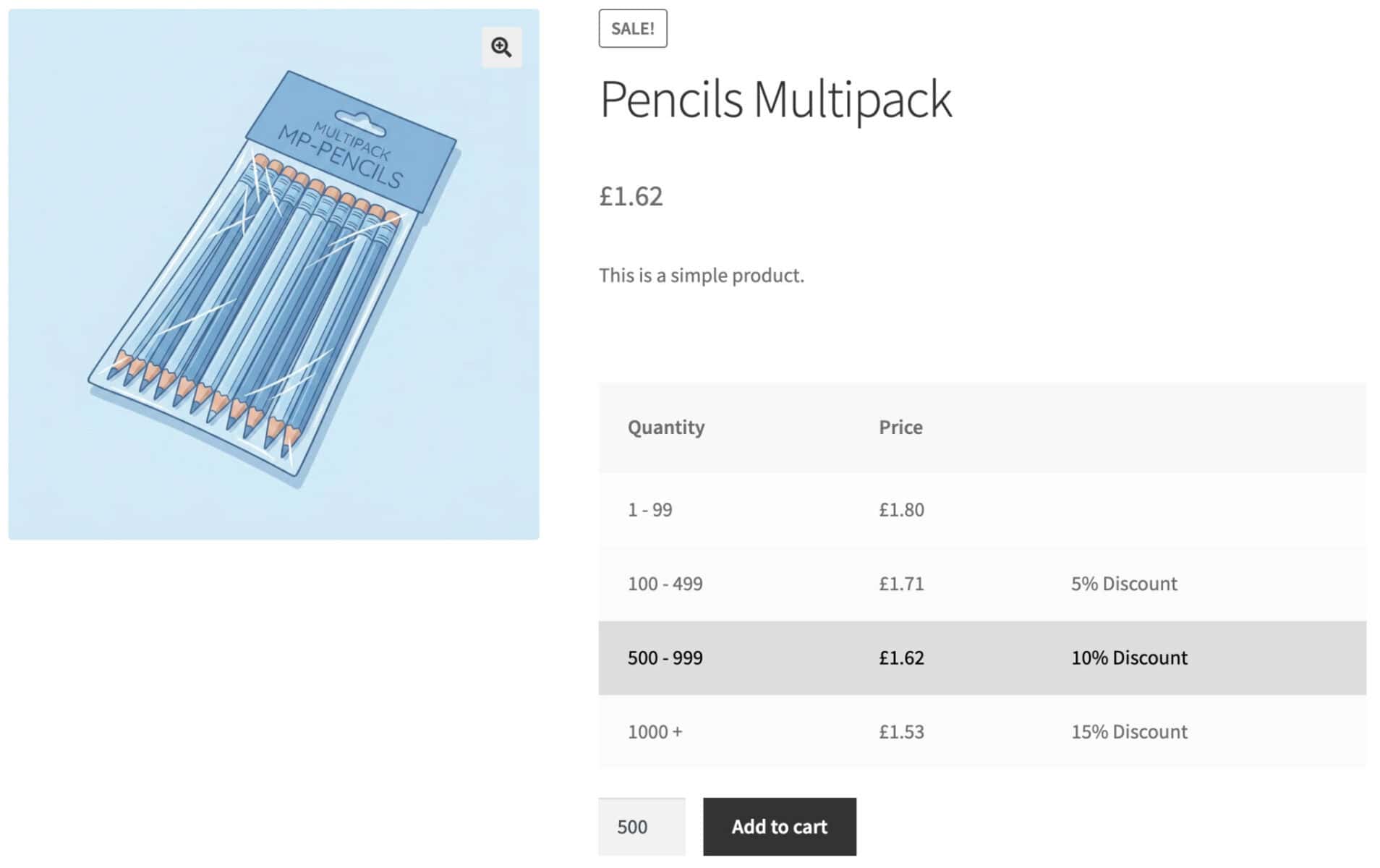 Bulk pricing table on stationery product page