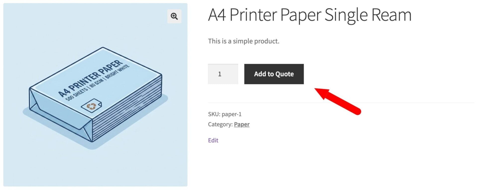 Add to quote button on stationery product page