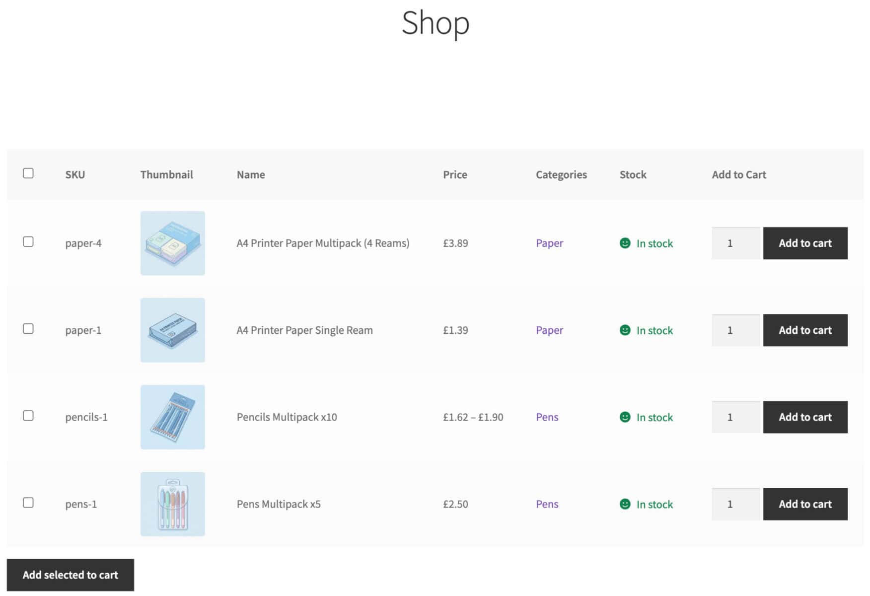 WooCommerce B2B stationery store with table layout