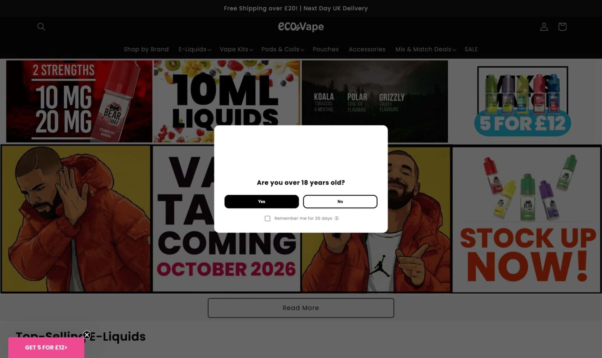 Screenshot of WooCommerce vape shop with age gate