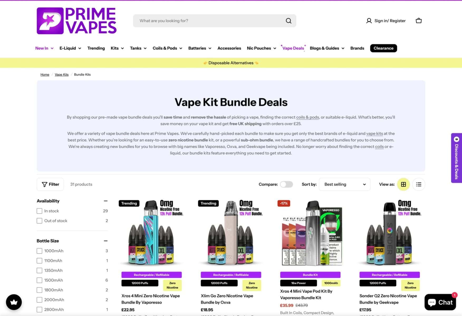 Example of bundles in online vape store