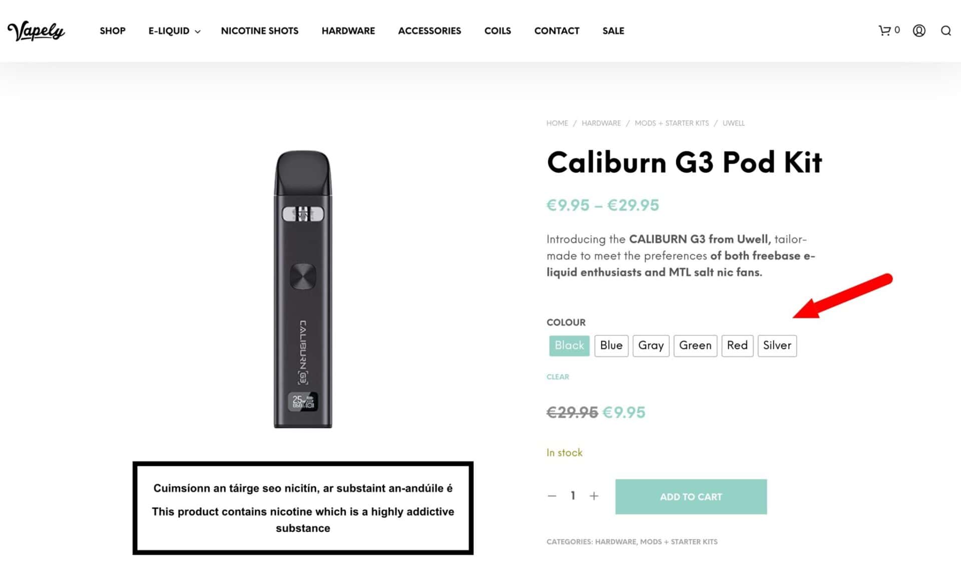 WooCommerce vape shop showing color variations
