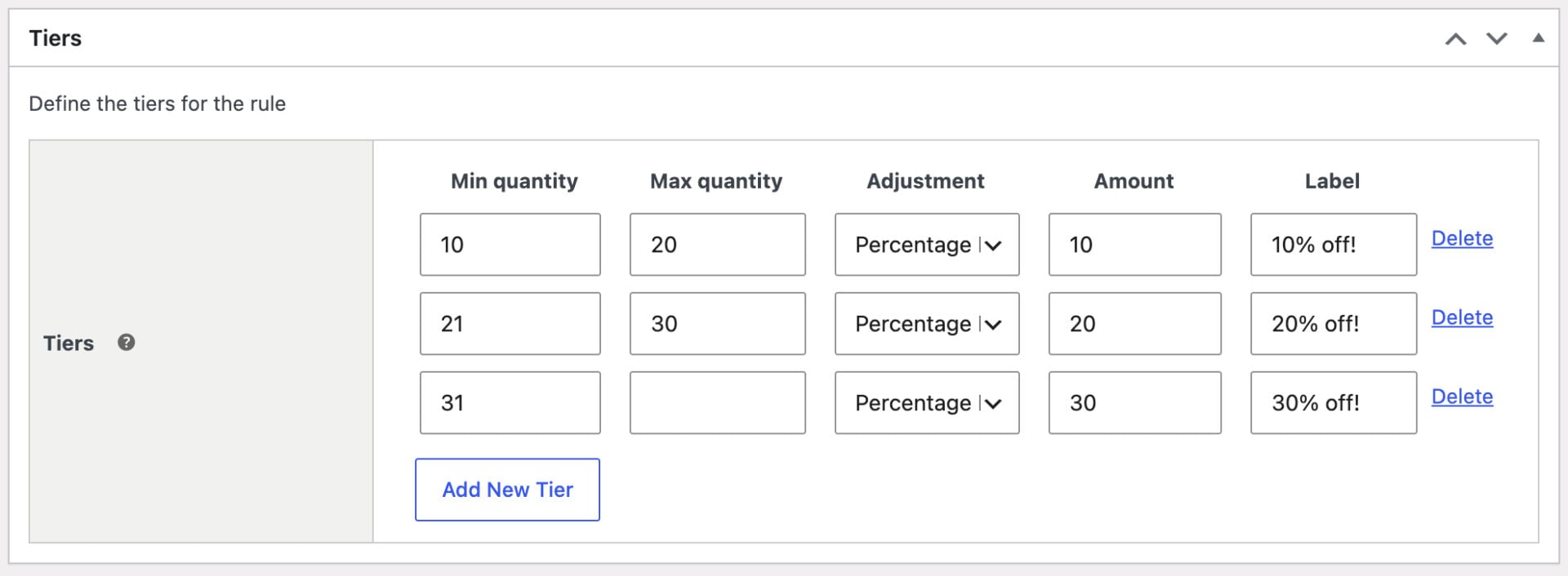 Setting to define bulk discount tiers in WooCommerce