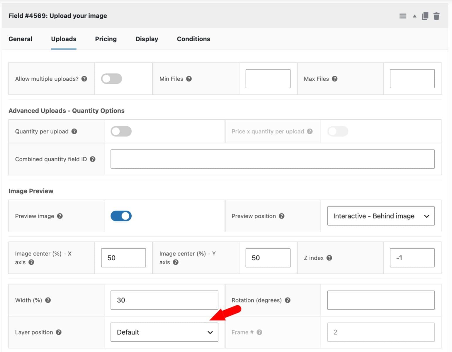 Layer position settings for image previews
