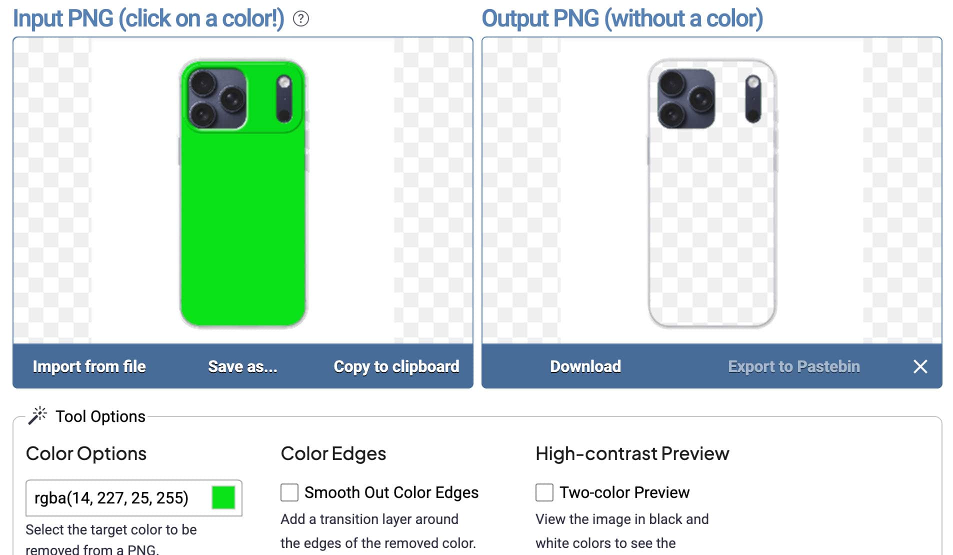 Screenshot of online service replacing color with transparency