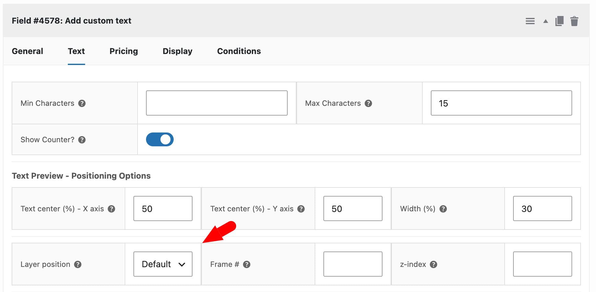Layer position settings for text previews