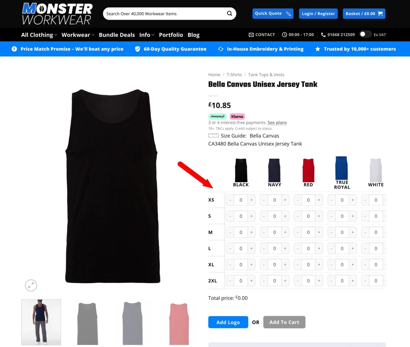 Bulk variations form on workwear provider website
