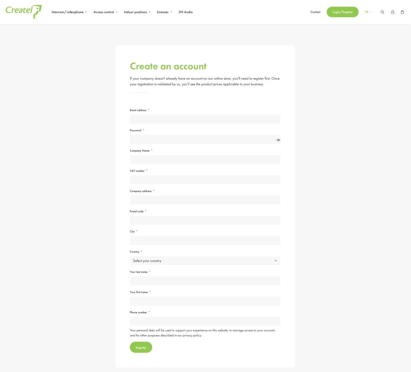 Custom registration form on Createl B2B site
