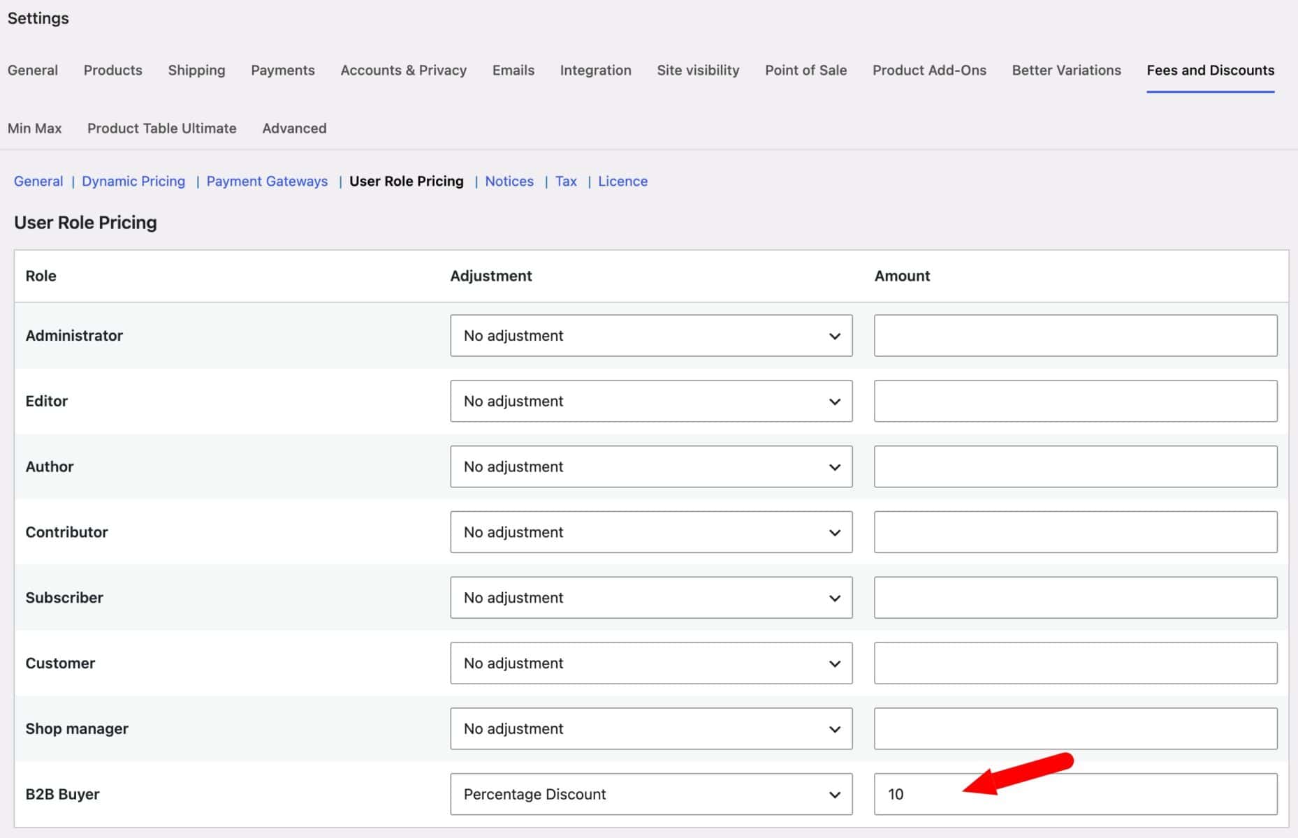Setting for global role-based discount for B2B store