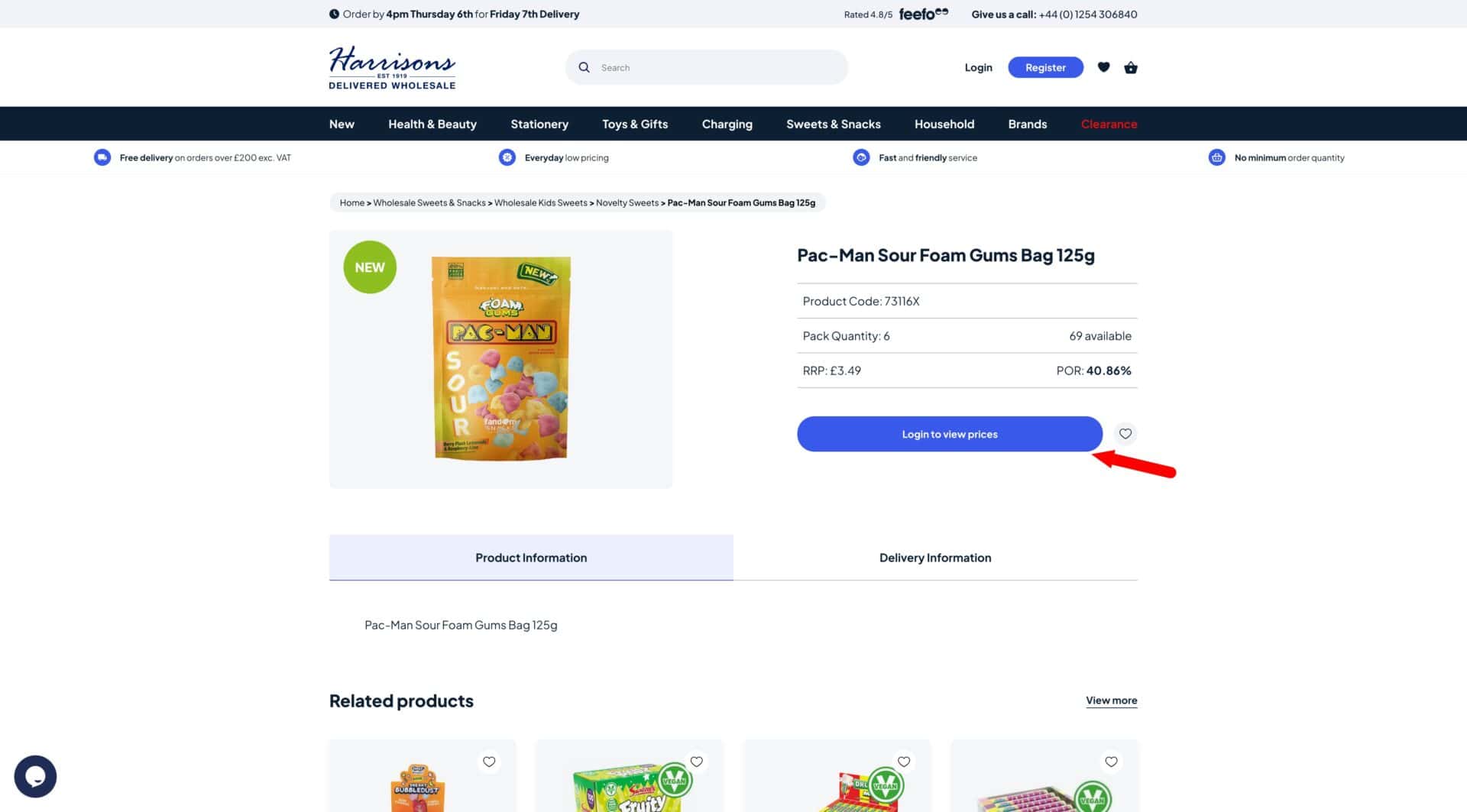 Log in to view prices button on Harrisons B2B store