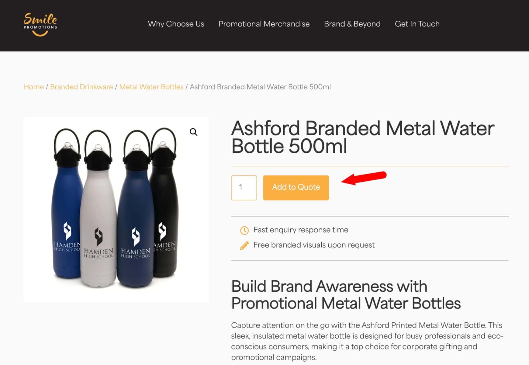 Add to Quote button on B2B website
