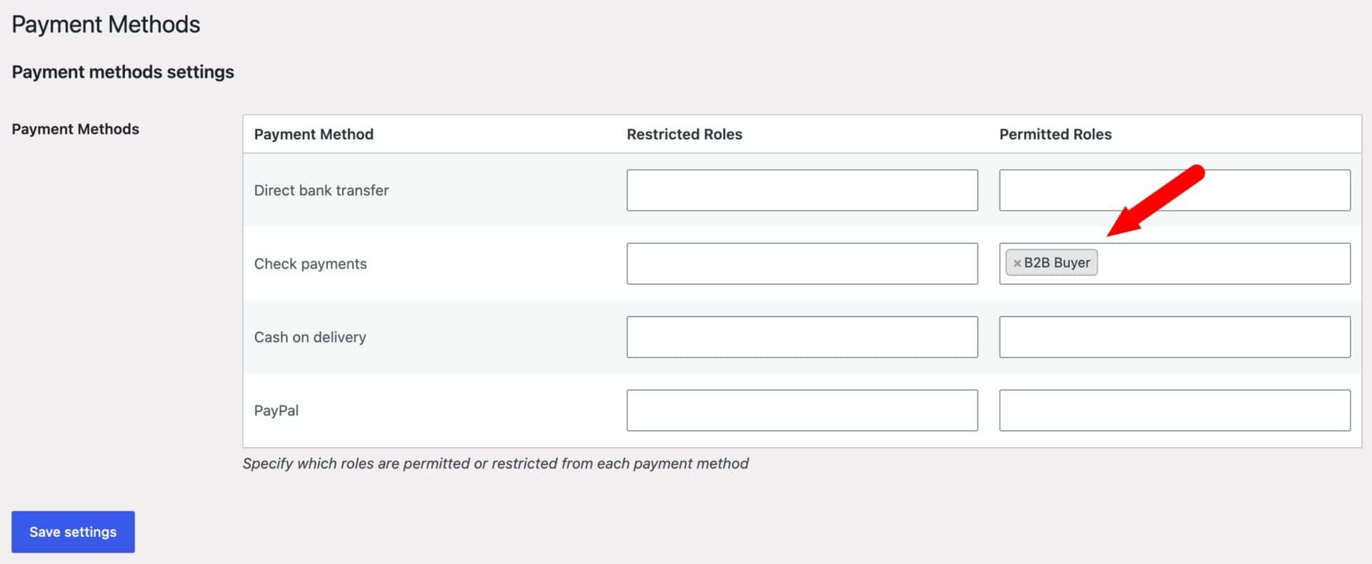Restricted payment methods in WooCommerce B2B store