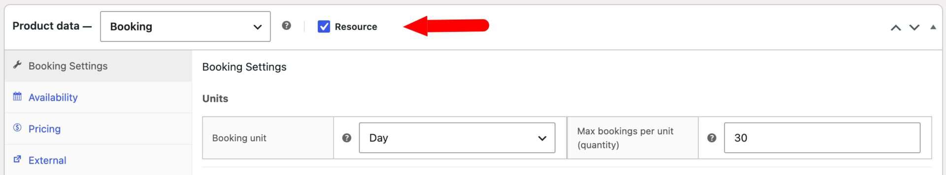 Setting to define a bookable product as a resource