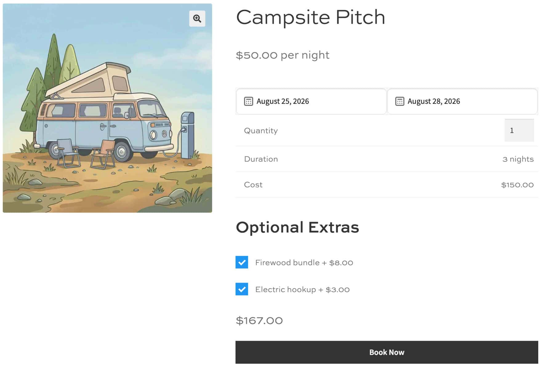 Screenshot of bookable product with add-on fields