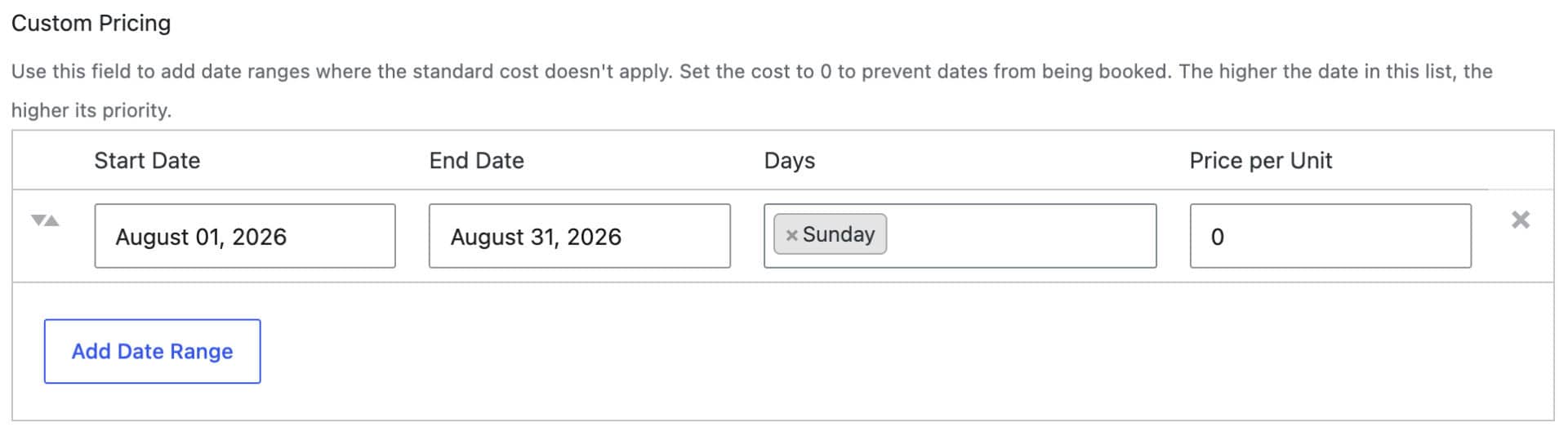 Disable dates or set custom prices for a specific date range for bookable resources