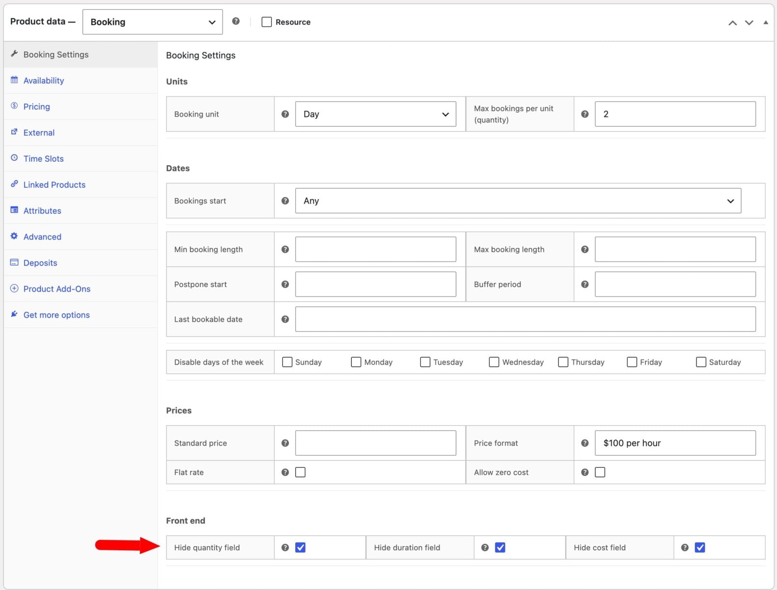 Settings to hide fields on the front end