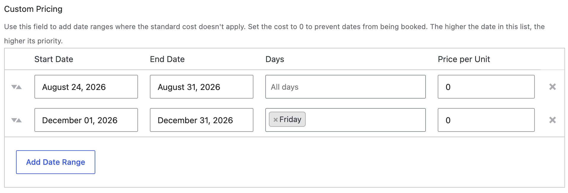 Block out dates for staff holidays