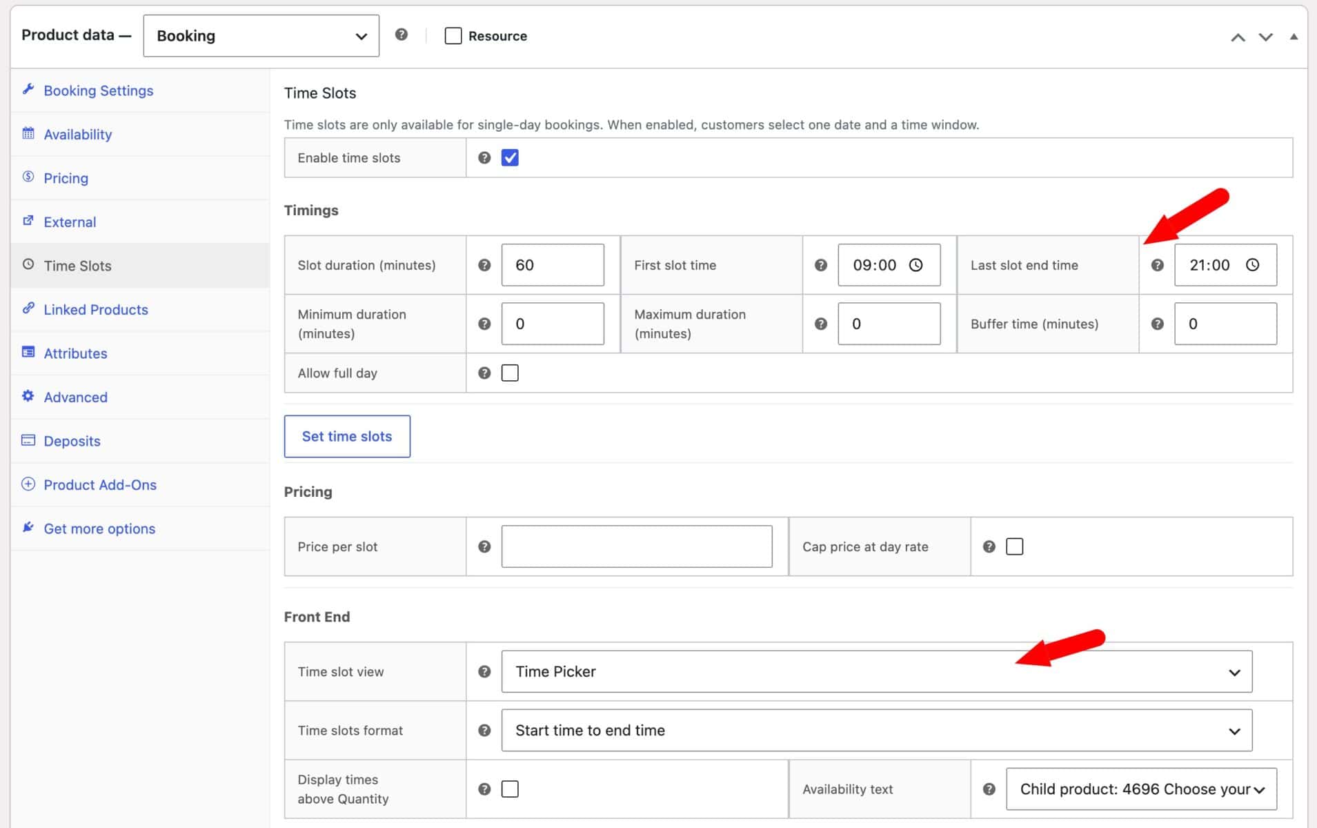 Time slot settings for bookable product