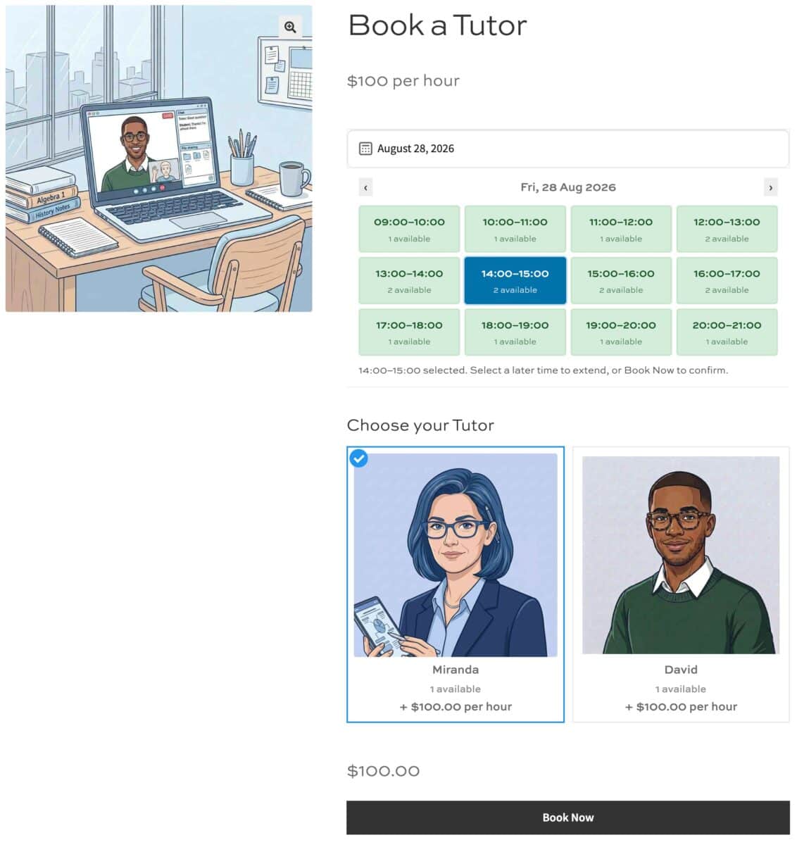 Screenshot of example product page where user can book an online tutor using WooCommerce bookings staff
