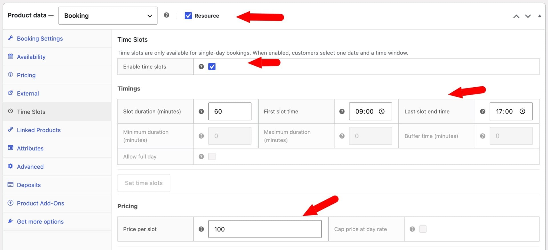 Time slot settings for bookable staff member in WooCommerce