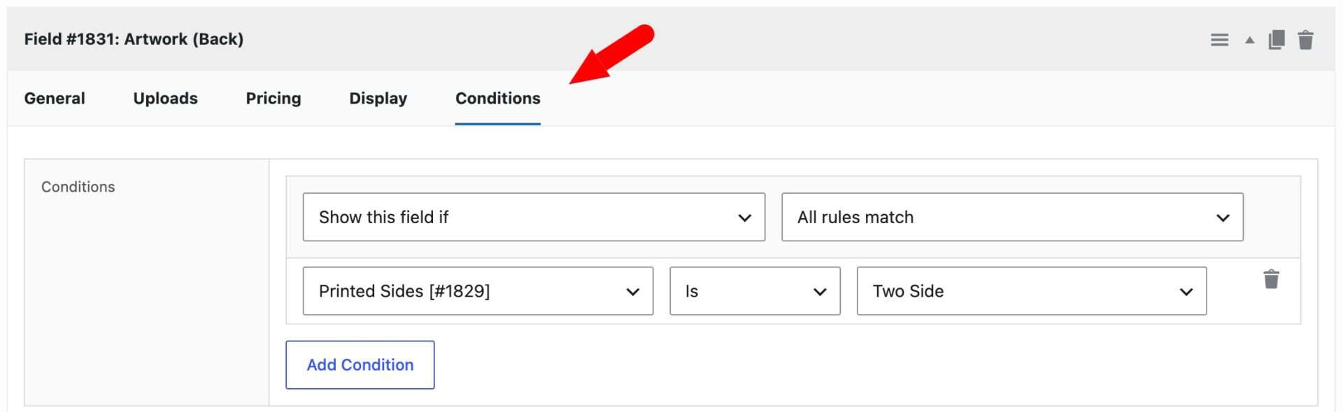 Setting for condition to display upload field