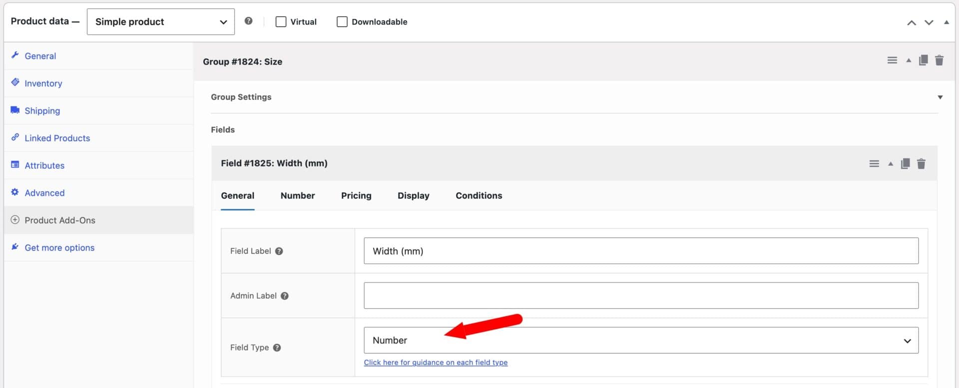 Number field settings for custom banner product