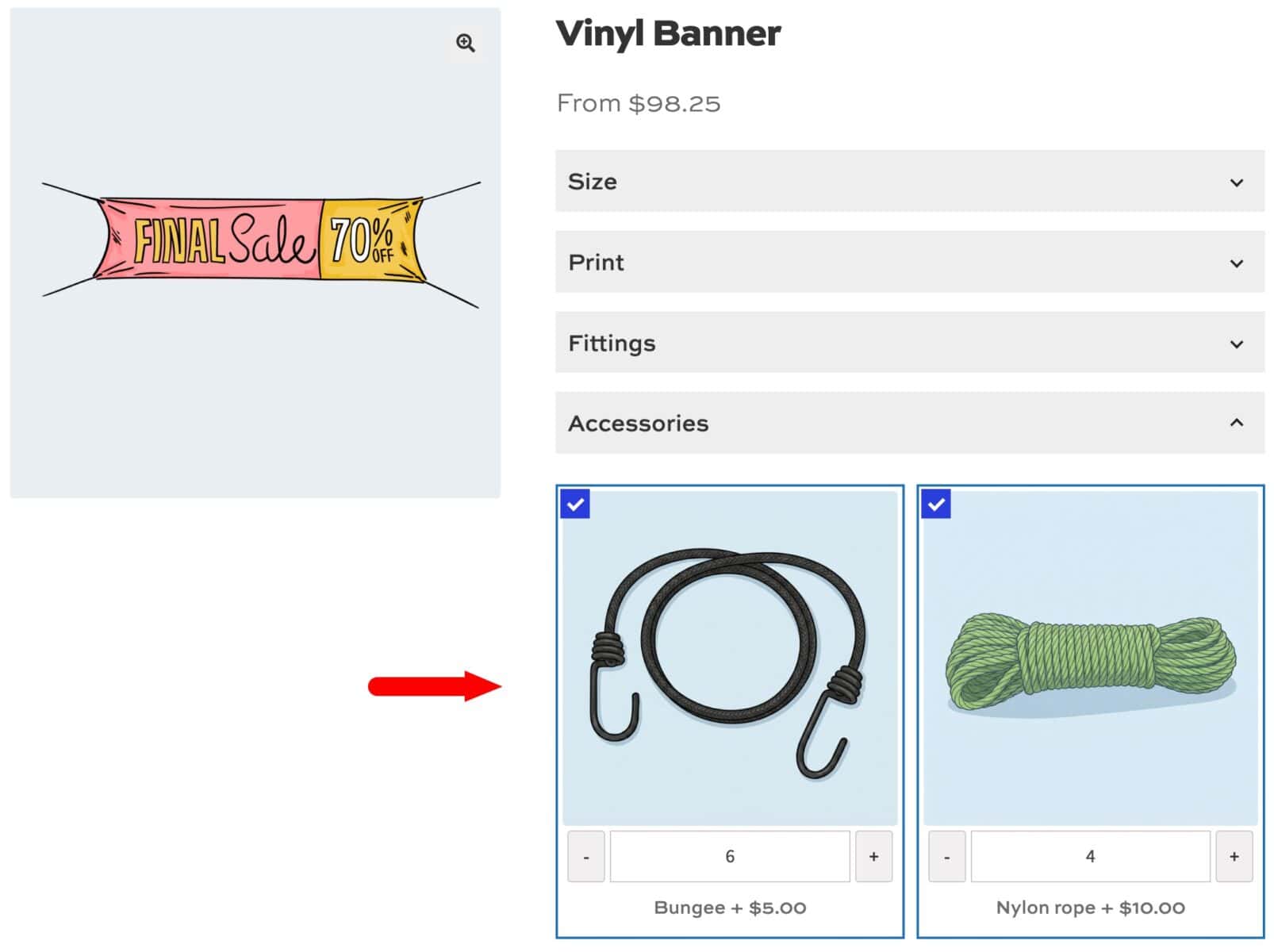Custom sign product page with accessories as upsells