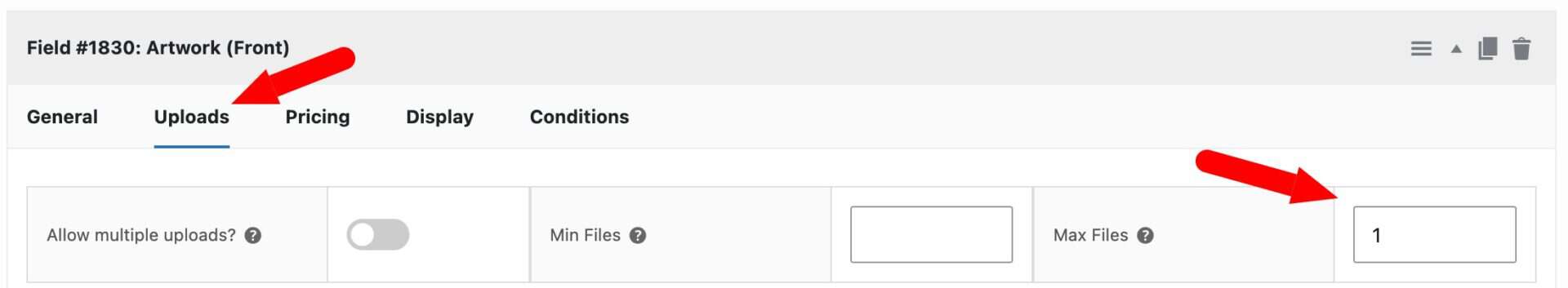 Settings for upload field for custom sign product