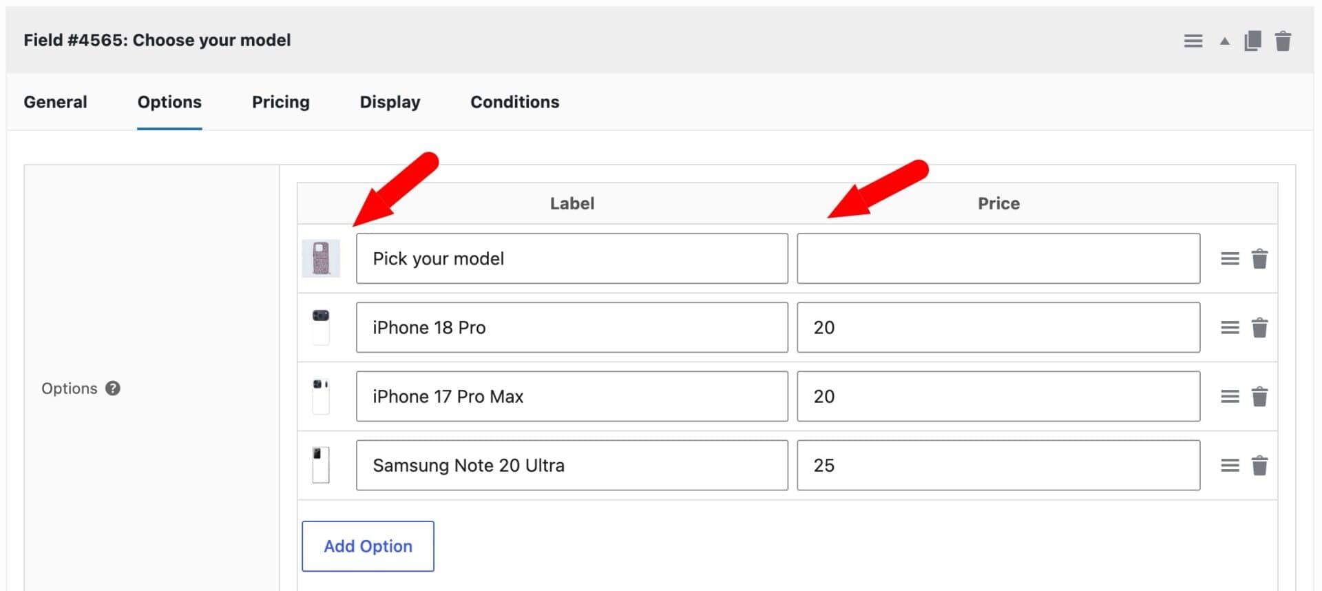 Select Box options with label, thumbnail and price