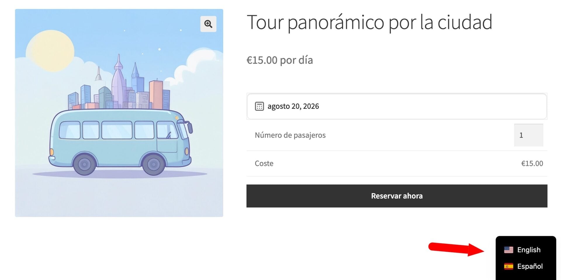 WooCommerce multilingual booking site - product page with language switcher