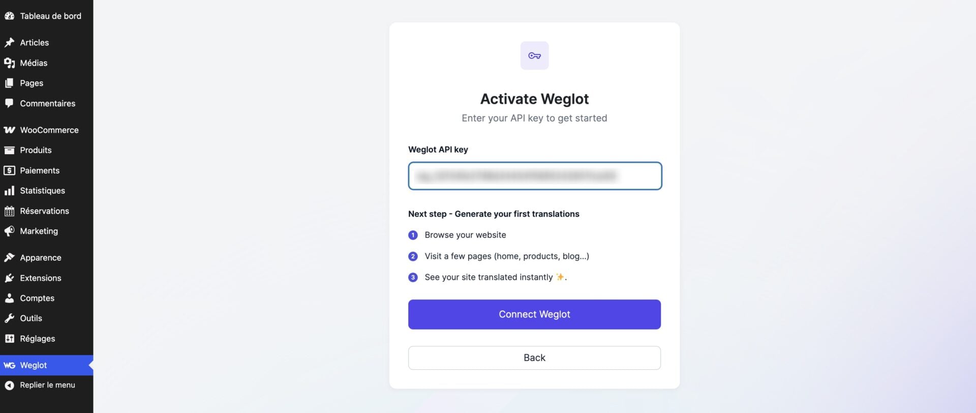 Weglot API key activation screen