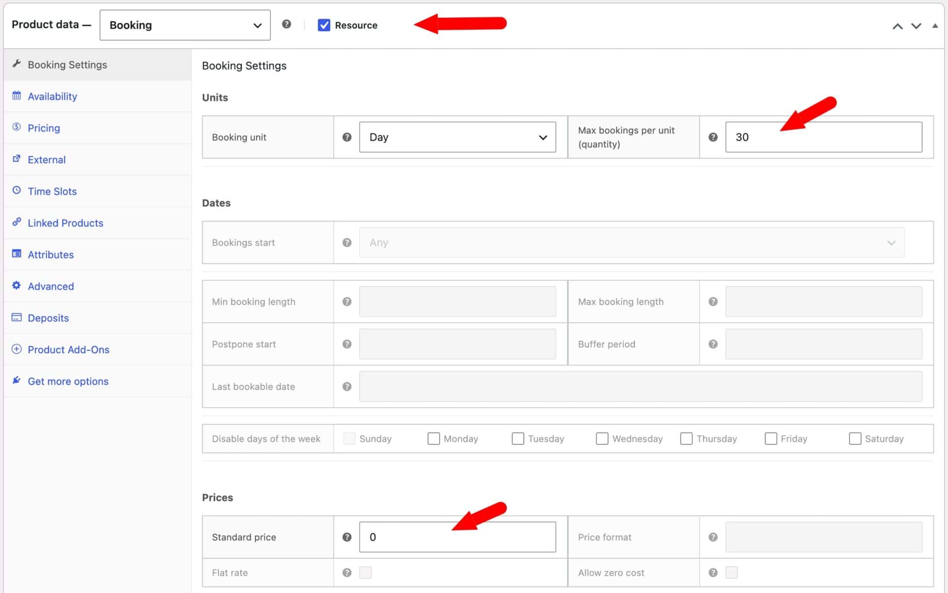 Settings for bookable resource