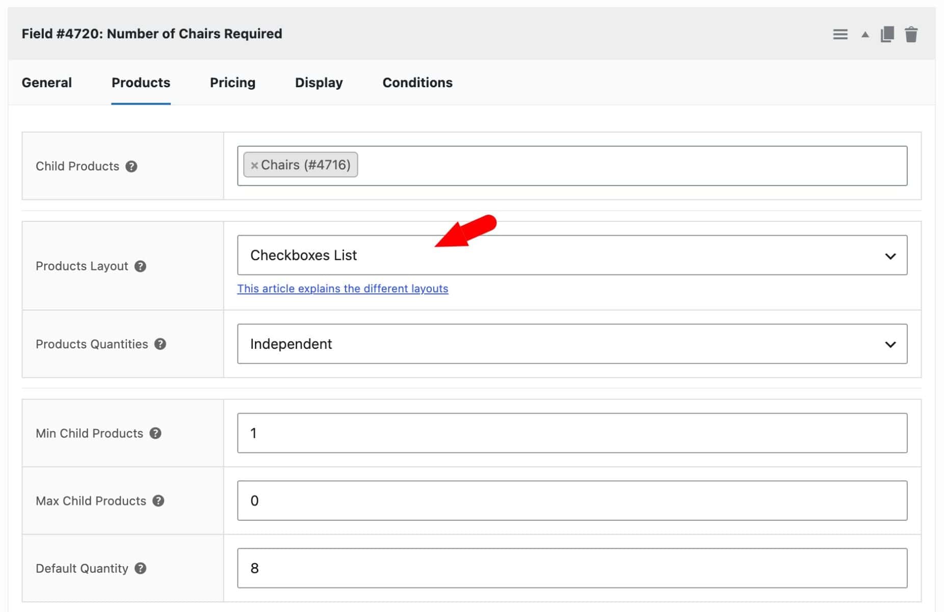 Checkbox list layout for child product resource