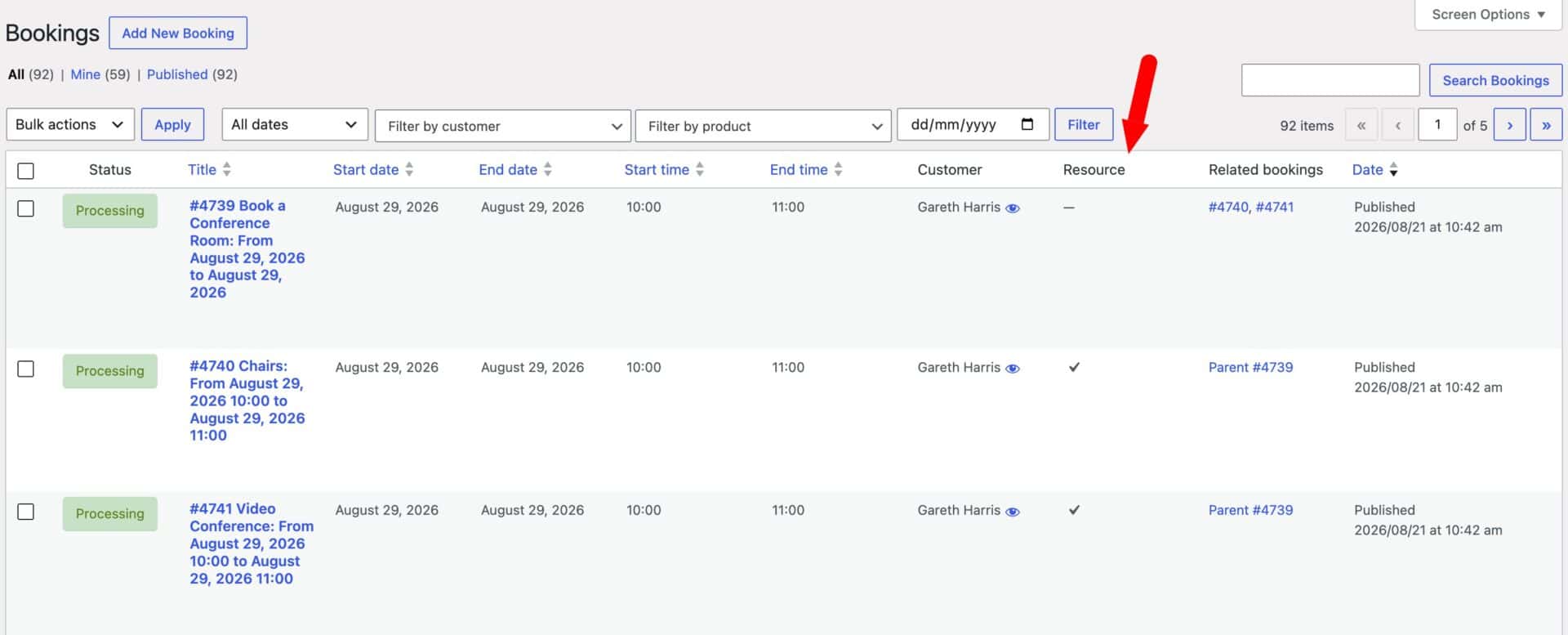 Bookings screen showing resources