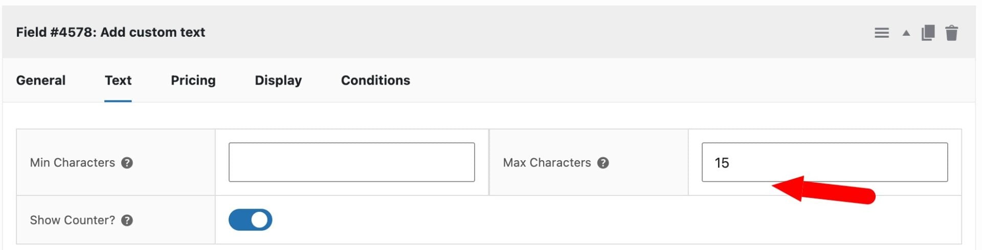 Characters settings for text field