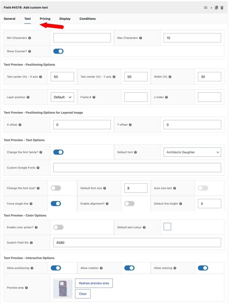 Text preview field options