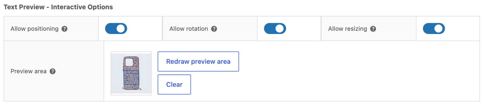 Interactive options for live text preview field