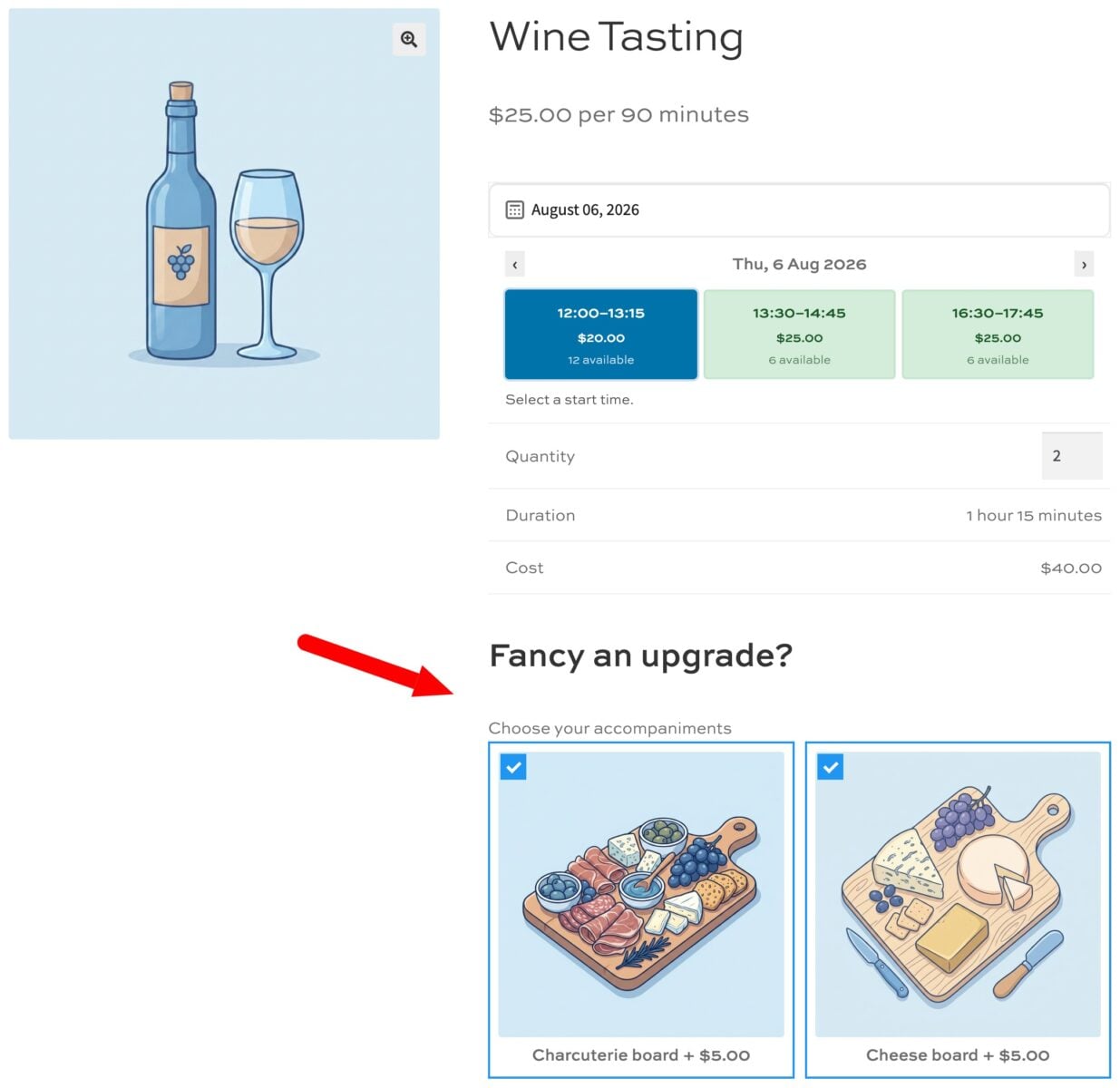 Optional extras for wine tasting booking