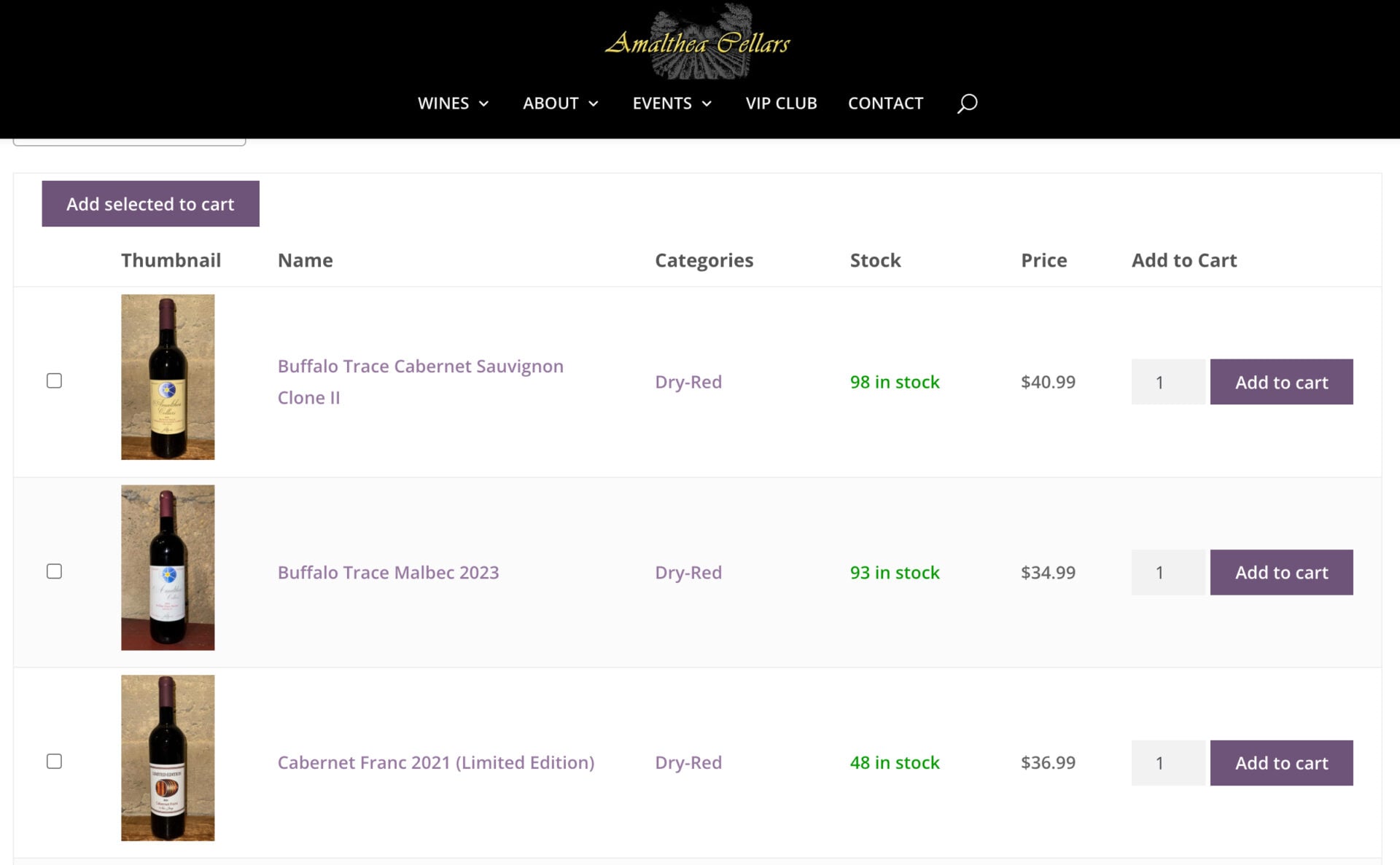 Amalthea cellars wine list page