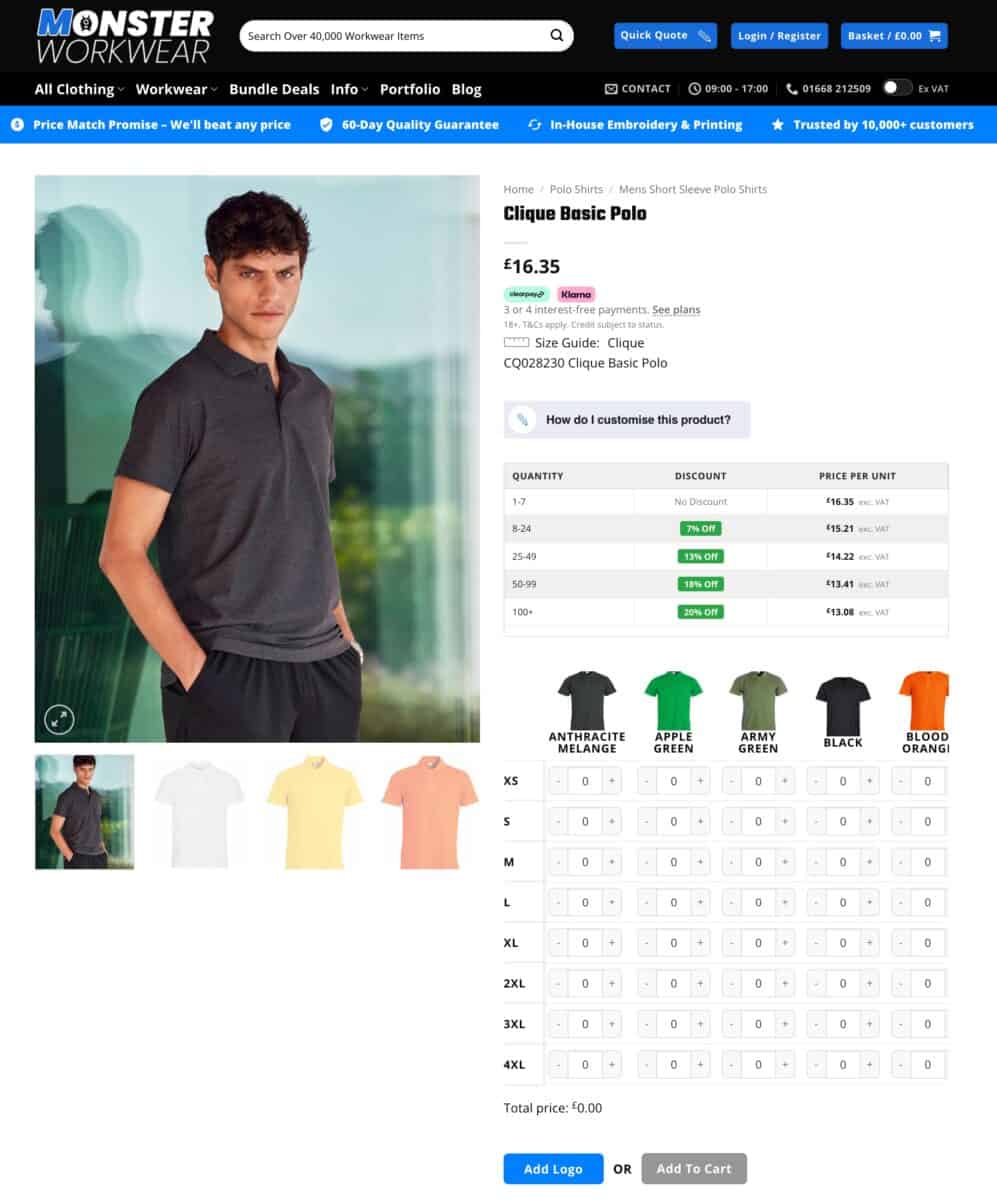 Monster Workwear polo shirt product page