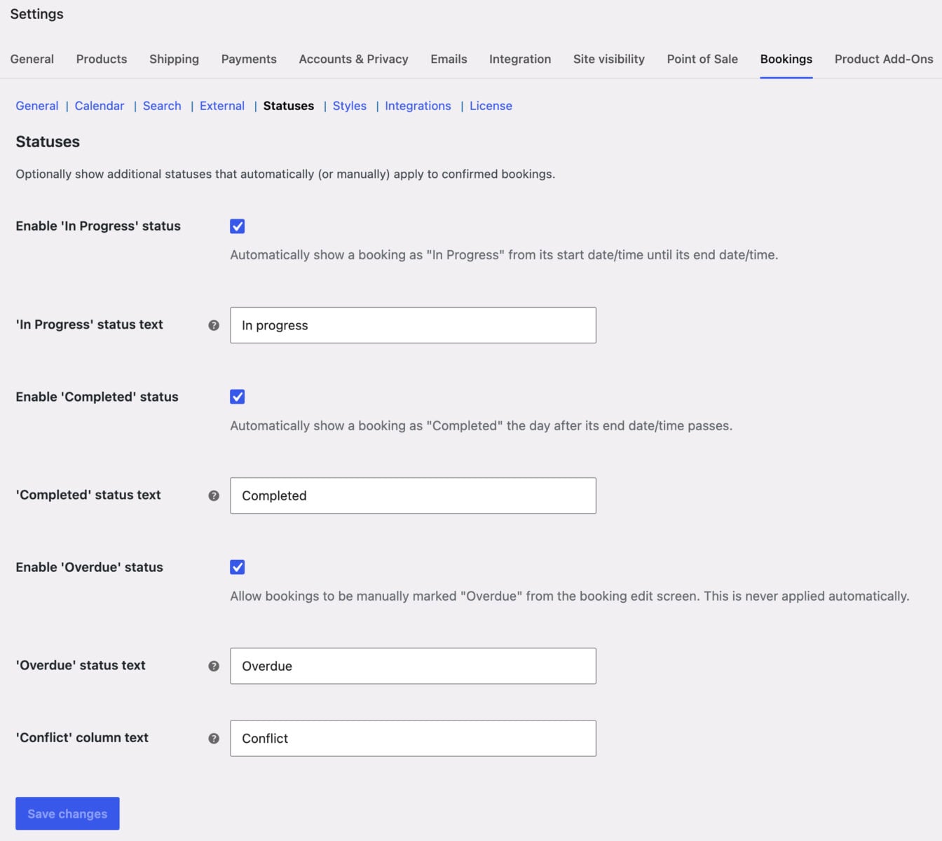 Settings page for Bookings for WooCommerce optional statuses