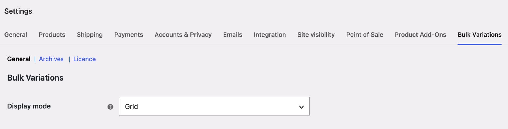 Grid mode setting in WooCommerce Bulk Variations plugin
